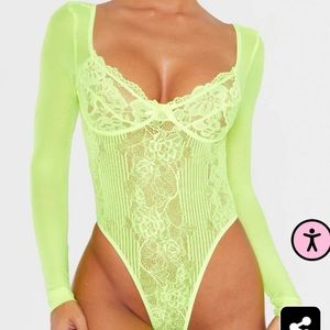 NWT Neon Lime Long Sleeve Lace Bodysuit Size M